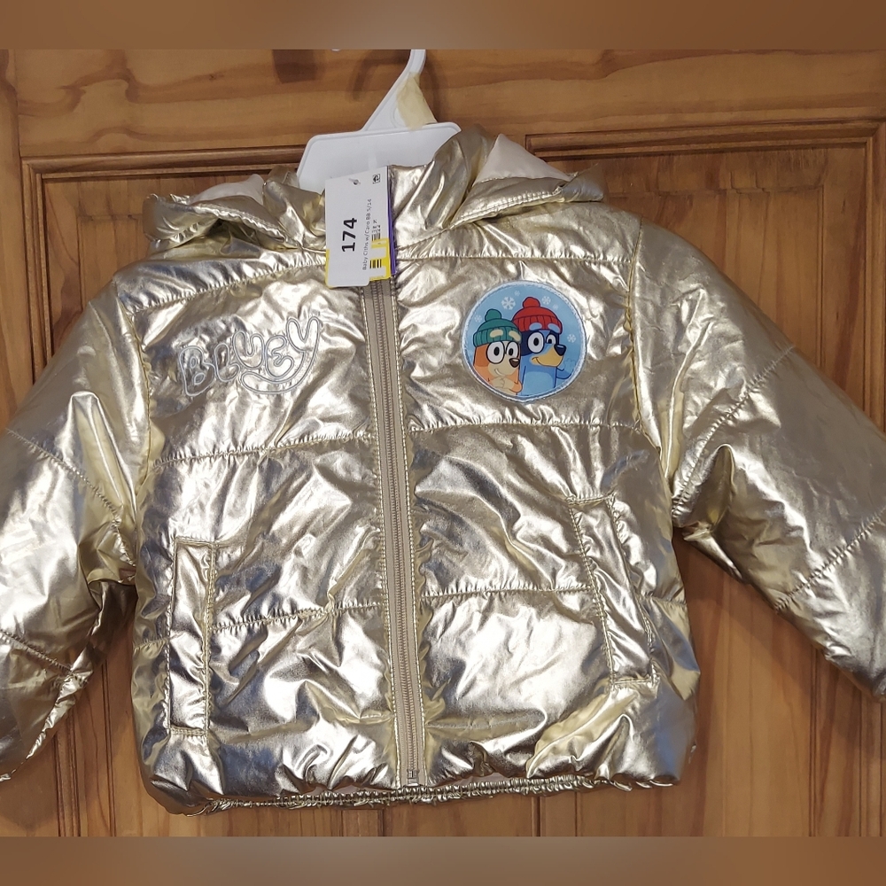Cat & Jack Bluey Metallic Gold Baby Girls Quilted Puffer Jacket Size 18mon NWT